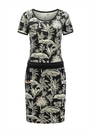 Svart kortermet kjole med hvitt tropisk tre- og planteprint, rund halslinning og svart snorbelte i midjen med perler.