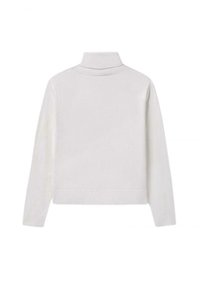 Maglione bianco a maglia con colletto alto, maniche lunghe e design cropped. Texture liscia e cuciture uniformi in tutto.