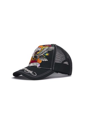 Black baseball cap with mesh back, embroidered eagle and colorful designs, curved bill, and white stitching details on the front.