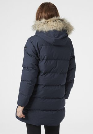 Navy blue puffer coat with a cinched waist, hood with faux fur trim, and horizontal quilted design. Features long sleeves and a mid-length cut.