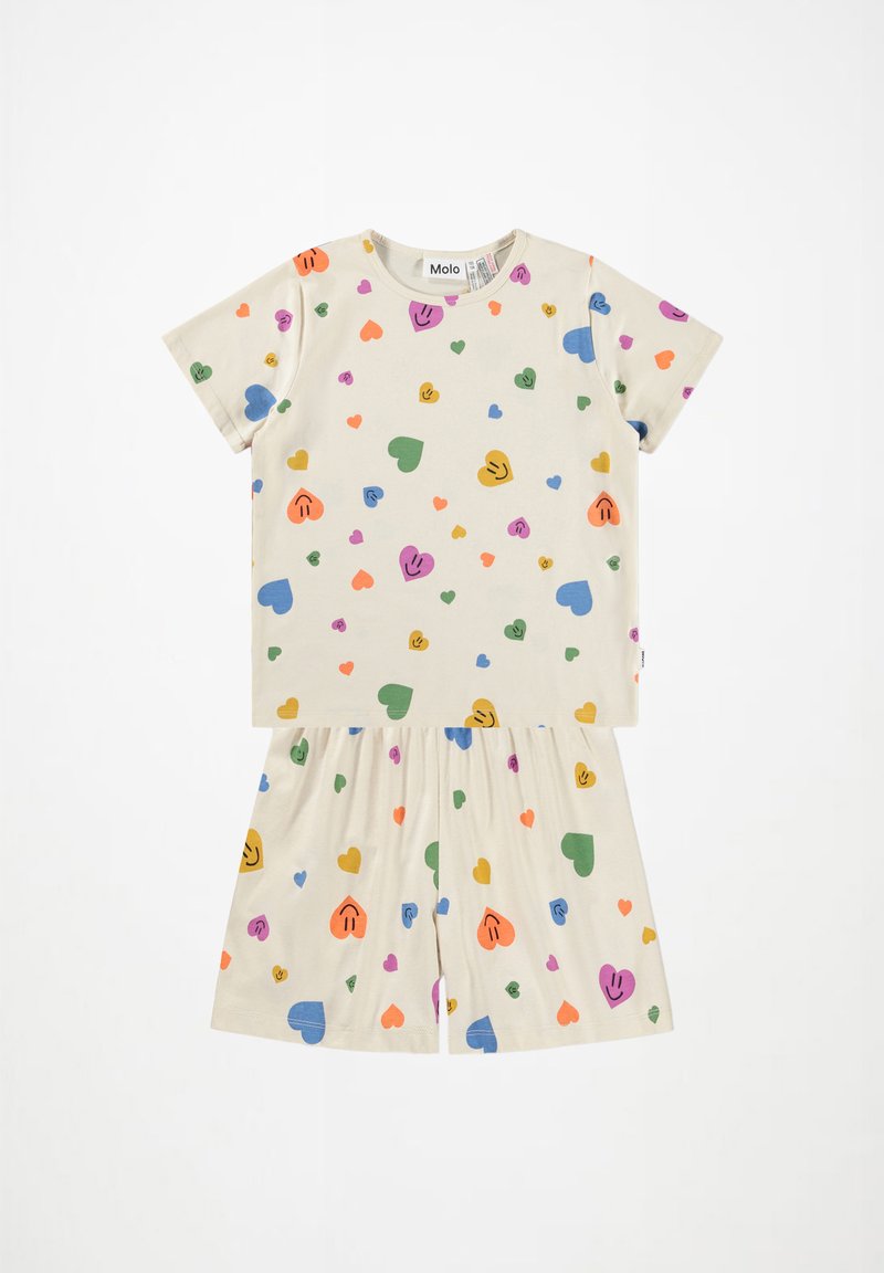 Set in cotone beige a maniche corte composto da T-shirt e pantaloni shorts con un motivo di cuori multicolori e faccine sorridenti. Vestibilità rilassata, vita elastica.