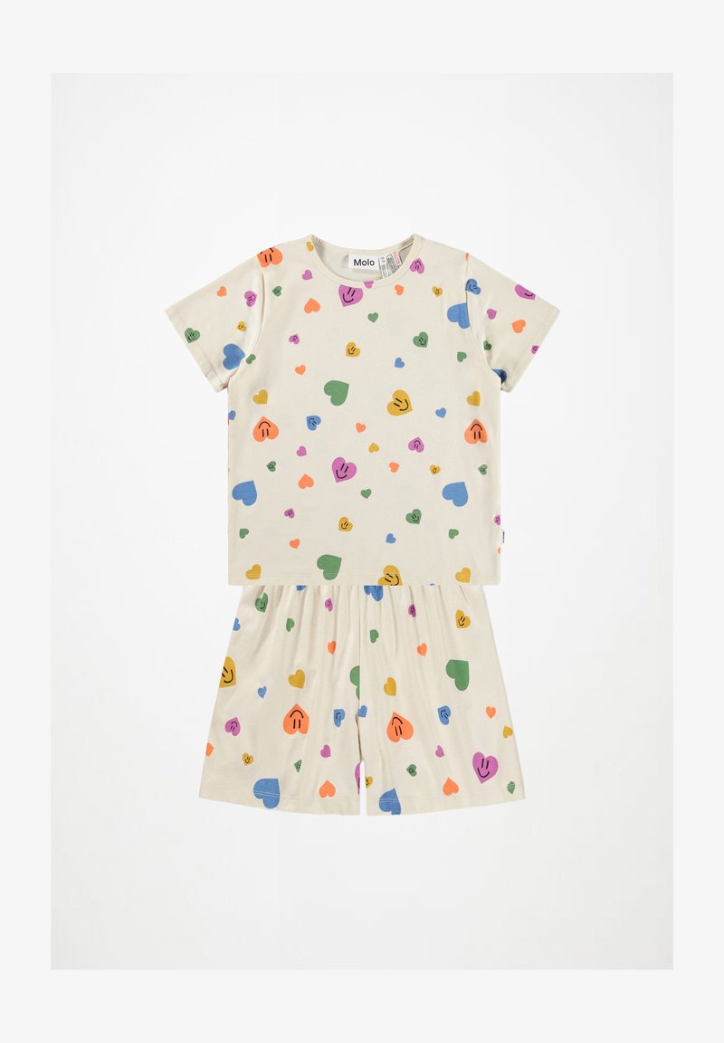 Set in cotone beige a maniche corte composto da T-shirt e pantaloni shorts con un motivo di cuori multicolori e faccine sorridenti. Vestibilità rilassata, vita elastica.