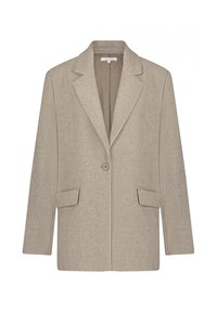 Beige op maat gemaakte blazer van textuurstof, met een geknipte kraag, enkele knoopsluiting en twee voorkeurszakken.