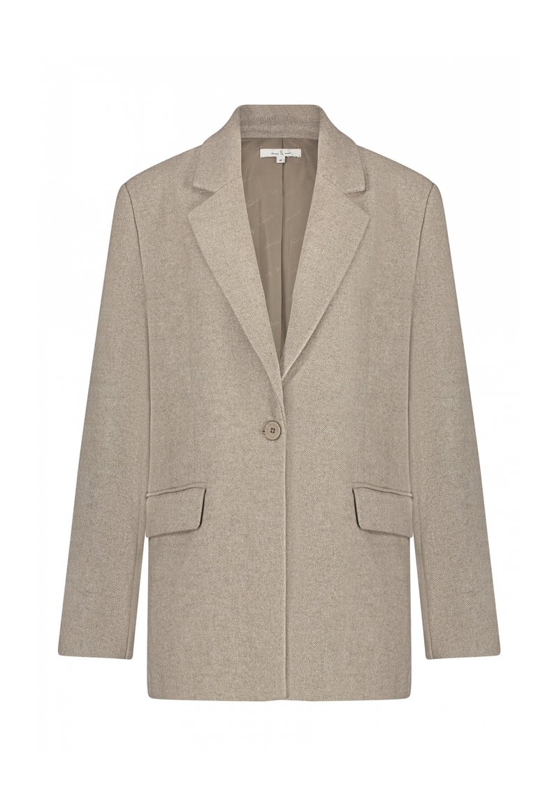 Beige op maat gemaakte blazer van textuurstof, met een geknipte kraag, enkele knoopsluiting en twee voorkeurszakken.