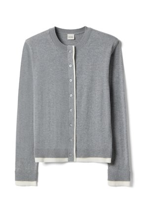 Cardigan con bottoni grigio chiaro con bordo bianco su polsini e orlo, scollo rotondo e bordi a coste.