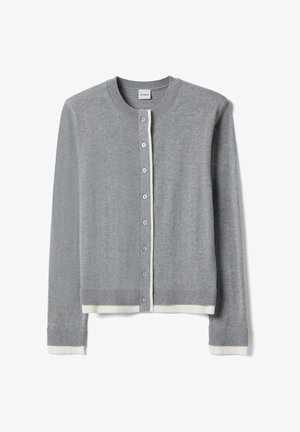 Cardigan con bottoni grigio chiaro con bordo bianco su polsini e orlo, scollo rotondo e bordi a coste.
