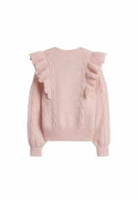 Jasnoróżowy sweter z dzianiny z falbaniastymi detalami na ramionach, wzorem w warkocze, okrągłym dekoltem oraz długimi rękawami z prążkowanymi mankietami i dolnym brzegiem.