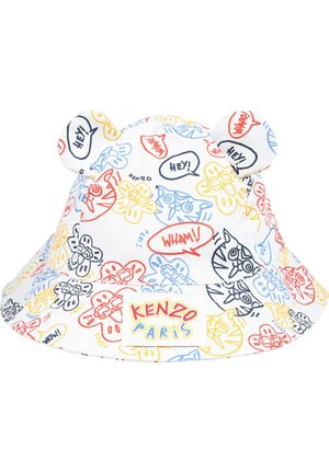 Chapeau seau en coton avec une base blanche, ornée de motifs de dessins animés colorés et d'accents en forme d'oreilles. Étiquette "KENZO PARIS" sur le bord.