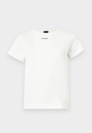 Λευκό T-shirt με κοντό μανίκι και στρογγυλή λαιμόκοψη, με μινιμαλιστικό σχεδιασμό και λογότυπο "PINKO" τοποθετημένο στο κέντρο κάτω από τη λαιμόκοψη.