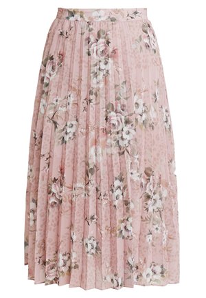 Jupe midi plissée en rose doux avec un motif floral présentant des fleurs blanches et rose poussiéreux ainsi que de subtils accents de feuillage.