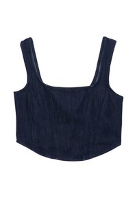 Tamni traperi top sa širokim trakama, strukturiranim šavovima i prilagođenim siluetom. Glatka tekstura i duboka indigo boja.