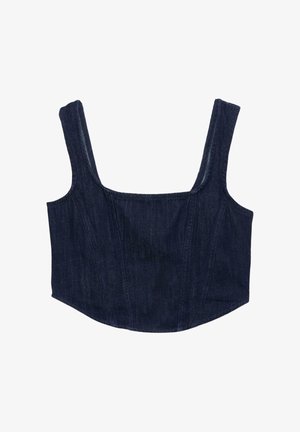 Dunkelblaues Denim-Crop-Top mit breiten Trägern, strukturierten Nähten und einer figurnahen Silhouette. Glatte Textur und eine tiefe Indigo-Farbe.