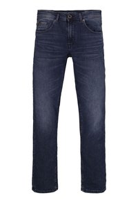 Donkerblauwe denim jeans met een rechte pasvorm, vijf zakken en zichtbare stiksels. De stof heeft een licht verweerd textuur.