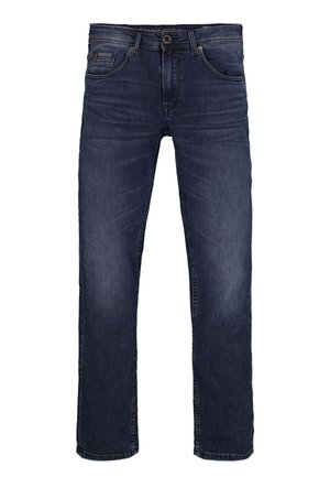 Donkerblauwe denim jeans met een rechte pasvorm, vijf zakken en zichtbare stiksels. De stof heeft een licht verweerd textuur.
