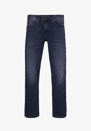 Jeans de mezclilla azul oscuro con corte recto, diseño de cinco bolsillos y detalles de costura visibles. La tela tiene una ligera textura desgastada.