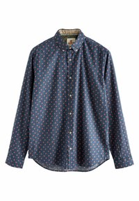 Blauw overhemd met lange mouwen en knoopsluiting, met een klein oranje bloemenpatroon en een kraag, weergegeven op een witte achtergrond.