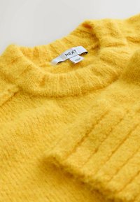 Gul striktrøje med ribbet tekstur, rund halsudskæring og et mærke fra "NEXT." Blødt, fluffy garn med et hyggeligt udseende.