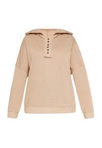 Felpa col cappuccio beige con cappuccio strutturato, maniche lunghe e un pattino con bottoni che presenta cinque bottoni scuri. Tessuto morbido e testurizzato.
