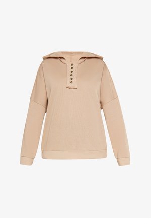 Beżowy hoodie z kapturem o wyraźnej strukturze, z długimi rękawami i guzikiem na plastrze z pięcioma ciemnymi guzikami. Miękka, teksturowana tkanina.
