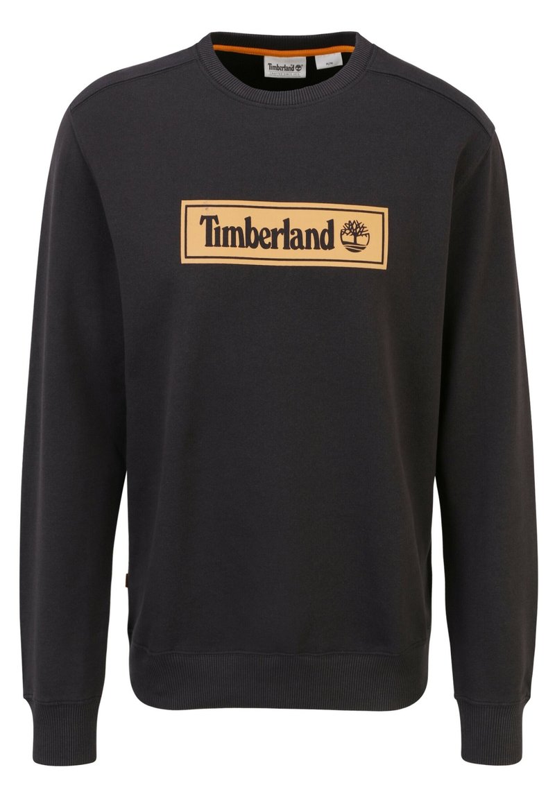 Felpa nera realizzata in misto cotone, con un logo arancione Timberland rettangolare centrato sul davanti e polsini e orlo a coste.