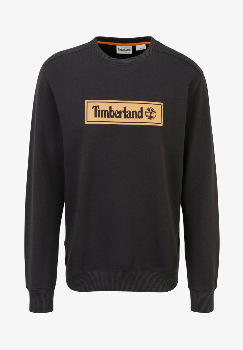 Sudadera negra de mezcla de algodón, con un logotipo rectangular naranja de Timberland centrado en la parte frontal y puños y dobladillo acanalados.