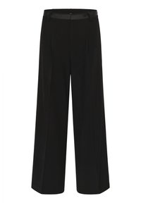 Black wide-leg trousers with a smooth texture, featuring a flat waistband and two front pleats for added design detail.