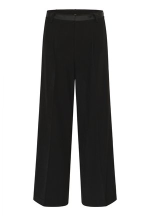 Pantaloni neri a gamba larga con una texture liscia, caratterizzati da una cintura piatta e due pences frontali per un tocco di design aggiuntivo.