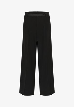 Crne široke hlače s glatkom teksturom, s ravnim pojasom i dva prednja nabora za dodatak dizajnu.