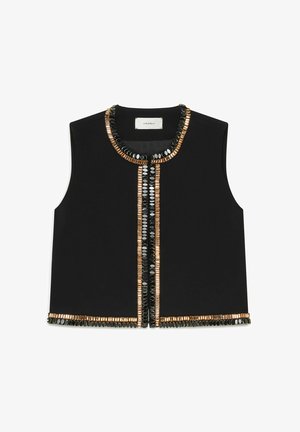 Gilet nero senza maniche con scollo rotondo, decorato con perline ovali lucide color oro e nero lungo i bordi e l'apertura frontale.