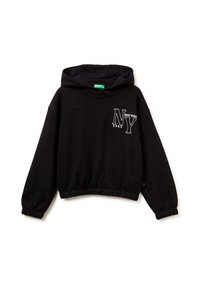 Černá zkrácená mikina s kapucí vyrobená z bavlny, s dlouhými rukávy, která má na přední straně grafiku "NY" a šňůrkovou kapuci. Měkká textura a stažený lem.