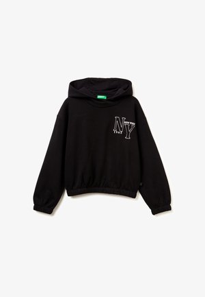 Schwarze, aus Baumwolle gefertigte, cropped Kapuzenjacke mit langen Ärmeln, die ein vorderes "NY"-Grafikdesign und eine Kordelzugkapuze aufweist. Weicher Stoff und geraffter Saum.