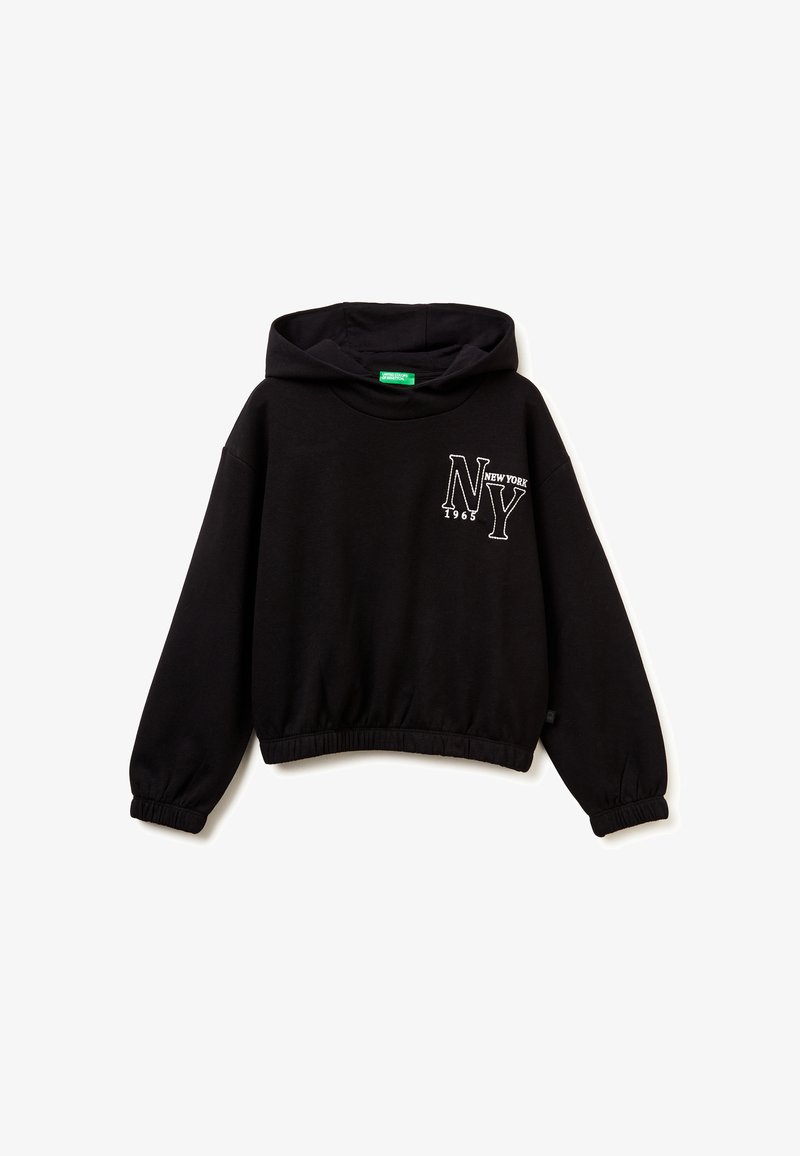 Černá zkrácená mikina s kapucí vyrobená z bavlny, s dlouhými rukávy, která má na přední straně grafiku "NY" a šňůrkovou kapuci. Měkká textura a stažený lem.