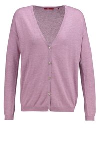 Light pink cardigan made of soft, textured fabric. Features a deep V-neck, long sleeves, and six front buttons with small silver accents.