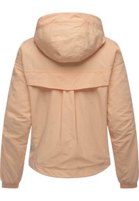 Svetle broskvové kabát s kapucí a volným střihem, který má elastické manžety a zadní detail klapky. Hladká textura a minimalistický design.