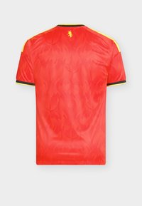 Rood sportshirt achterkant met subtiel vlammenpatroon, geel leeuwenembleem onder de kraag, gele schouderstrepen en zwart-gele mouwbies.