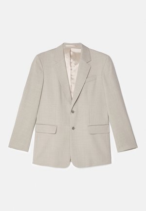 Lichtgrijze blazer met een notched lapel, twee voorzakken en een enkele knoopsluiting. Voorzien van een gladde satijnen binnenvoering.