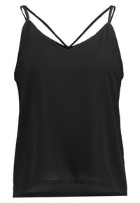 Camiseta negra sin mangas con tirantes finos y ajustables, escote en pico y una textura suave. Presenta un corte holgado y un dobladillo que se extiende ligeramente por debajo de la cintura.