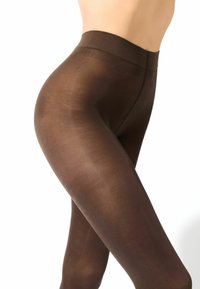 Brązowe cienkie rajstopy o gładkiej fakturze i wysokim pasie. Projekt charakteryzuje się delikatnym połyskiem i dopasowaniem do nóg.