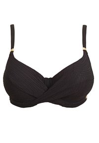 Mustat rintaliivit tekstuurilla, keskellä kierretty muotoilu, säädettävät olkaimet ja kultasävyiset yksityiskohdat.