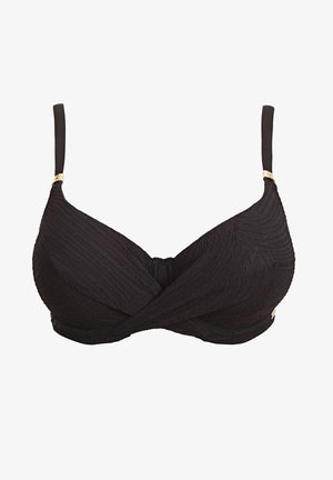 Sujetador negro con tejido texturizado, diseño retorcido en el centro, tirantes ajustables y acentos en tono dorado.