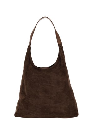 Braune Wildleder-Schultertasche mit weicher Textur, breitem Riemen und großer, lockerer Silhouette. Minimalistisches Design, keine sichtbaren Beschläge oder Akzente.