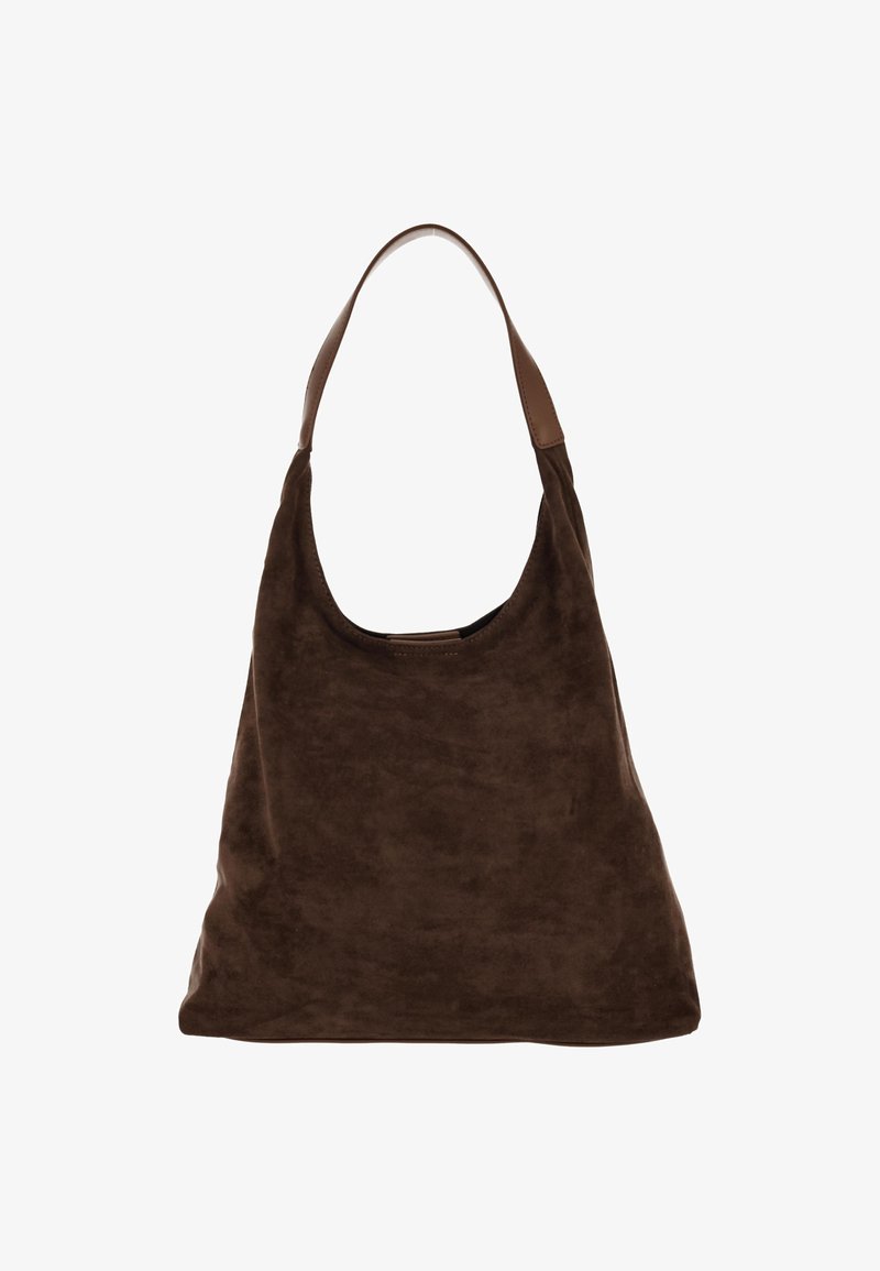 Bruine suède schoudertas met een zachte textuur, brede band en een grote, nonchalante uitstraling. Minimalistisch ontwerp, geen zichtbare hardware of accenten.