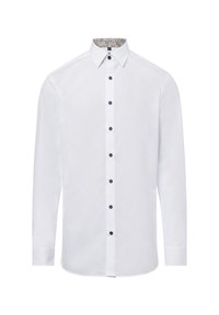Witte lange mouw dress shirt met donkere knopen en een gemusterde kraagvoering, met een rechte zoom en standaard knoopsluiting.