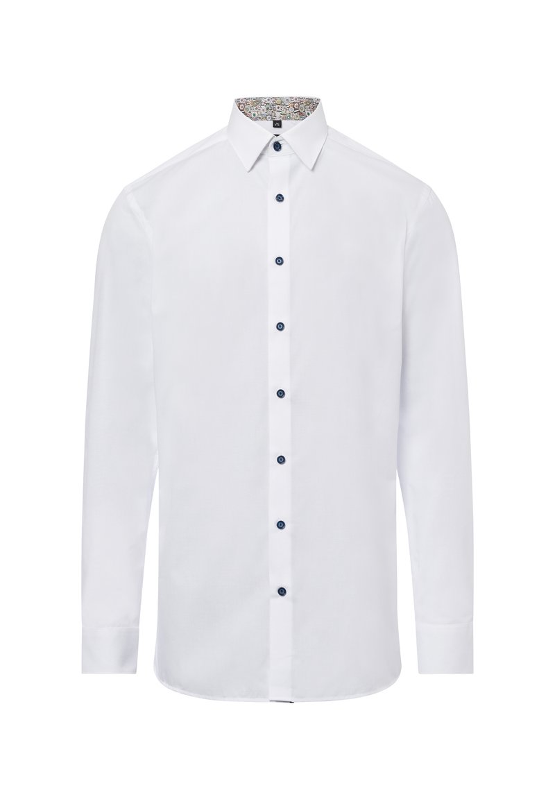 Witte lange mouw dress shirt met donkere knopen en een gemusterde kraagvoering, met een rechte zoom en standaard knoopsluiting.