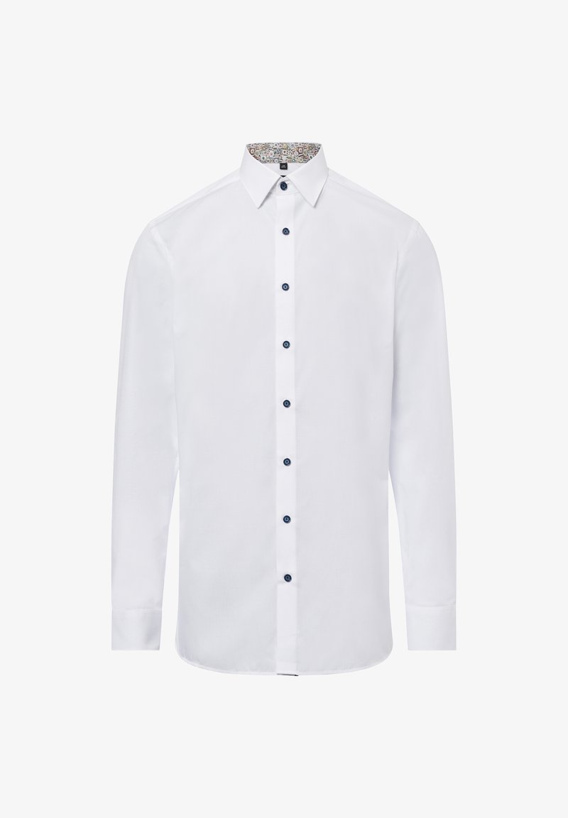 Weißes Langarmhemd mit dunklen Knöpfen und einem gemusterten Kragenfutter, mit geradem Saum und klassischem Button-Up-Design.