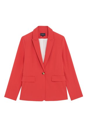 Blazer rouge en tissu lisse, avec un fermoir à un bouton, des revers crantés et deux poches avant. Coupe ajustée, manches longues.