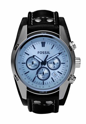 Fossil Armbanduhr mit schwarzem Lederarmband, silbernem Gehäuse, analogem Chronograph-Zifferblatt mit Anzeige 10:36, Datumsfenster bei 4 Uhr und Tachymeter-Markierungen.