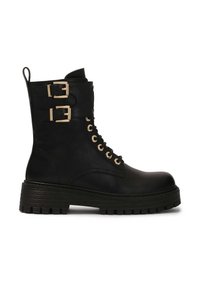 Black leather ankle boot with lace-up front, gold-tone hardware, double buckle accents, and a chunky textured sole.
