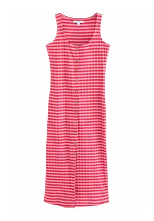Robe sans manches rayée rose et rouge avec un col rond et une rangée de boutons marron à l'avant, du haut vers le bas.