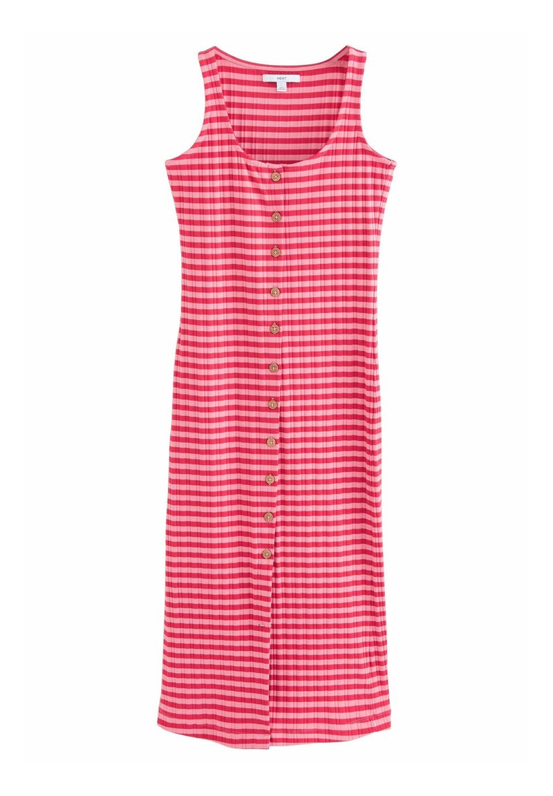 Robe sans manches rayée rose et rouge avec un col rond et une rangée de boutons marron à l'avant, du haut vers le bas.
